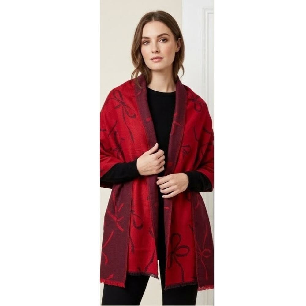 Ann Taylor Red Bow Blanket Scarf Reversable Burgundy Shawl Cozy Wrap OS